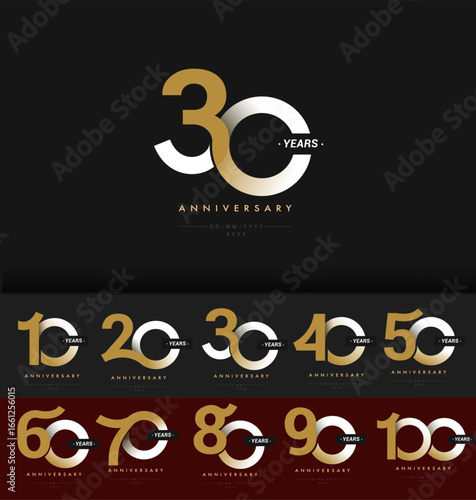Set of Anniversary Modern linked circle round logo with Elegant clean gradient numbers, minimal text layout, for celebrating 10th to 100th anniversaries in corporate events, brands.