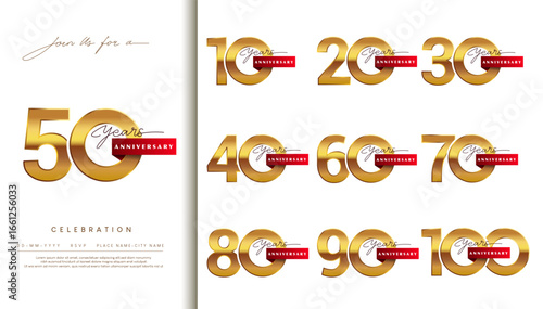 Set of anniversary logotype design with red ribbon and golden color for celebration event, wedding, greeting card, and invitation.