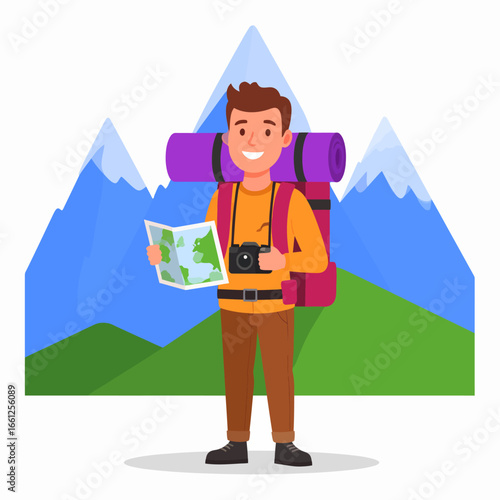 Happy cartoon traveler character with a camera and backpack exploring a mountain landscape. Concept of hiking and tourism.