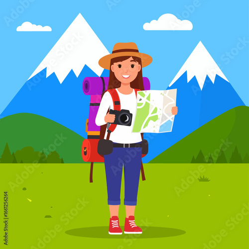 Happy female traveler holding a map and camera, ready for adventure in the mountains
