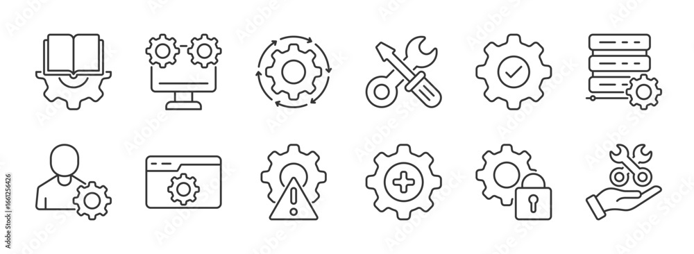 Settings and setup line icon set collection . Option, installation, regulation and control tool. Outline vector icon in linear style. Series of pictograms. eps 10