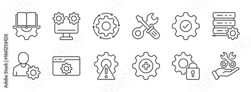 Settings and setup line icon set collection . Option, installation, regulation and control tool. Outline vector icon in linear style. Series of pictograms. eps 10