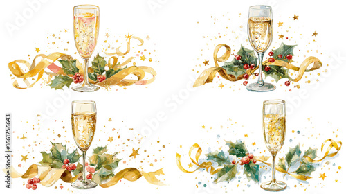 Elegant watercolor illustration of champagne glasses with holly, ribbons, and golden sparkle for Christmas and New Year celebration design.