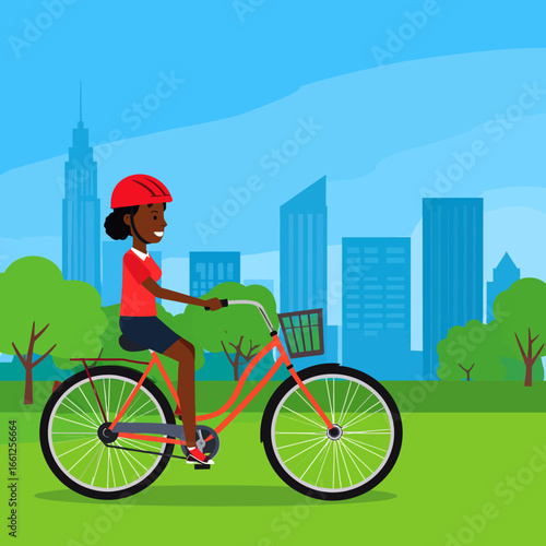 Happy young African American woman riding a bicycle in a city park. Healthy urban lifestyle and outdoor activity vector illustration.