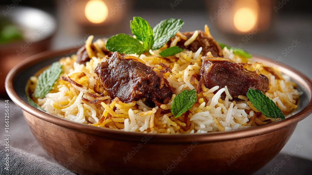Biryani with lamb and herbs served in a copper dish