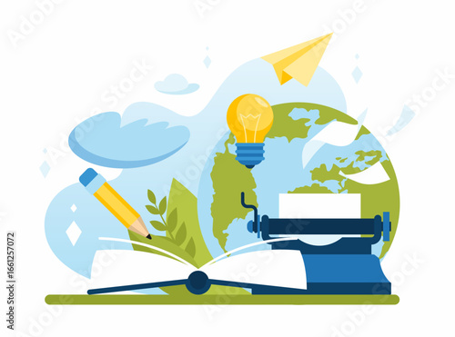 World Book Day. World Writer's Day. A typewriter as a symbol of a novice author. The concept of literature. Flat vector illustration in cartoon style