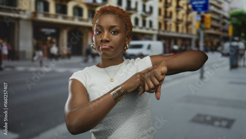 Woman in a white top points finger to her wrist on a busy city street near a traffic light and storefronts; impatience.