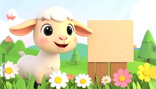 Cute Lamb Holds Sign, Meadow Spring