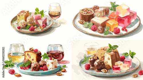 Watercolor dessert illustration featuring cakes, puddings, nougat, and Turkish delight with wine glasses in elegant artistic composition.