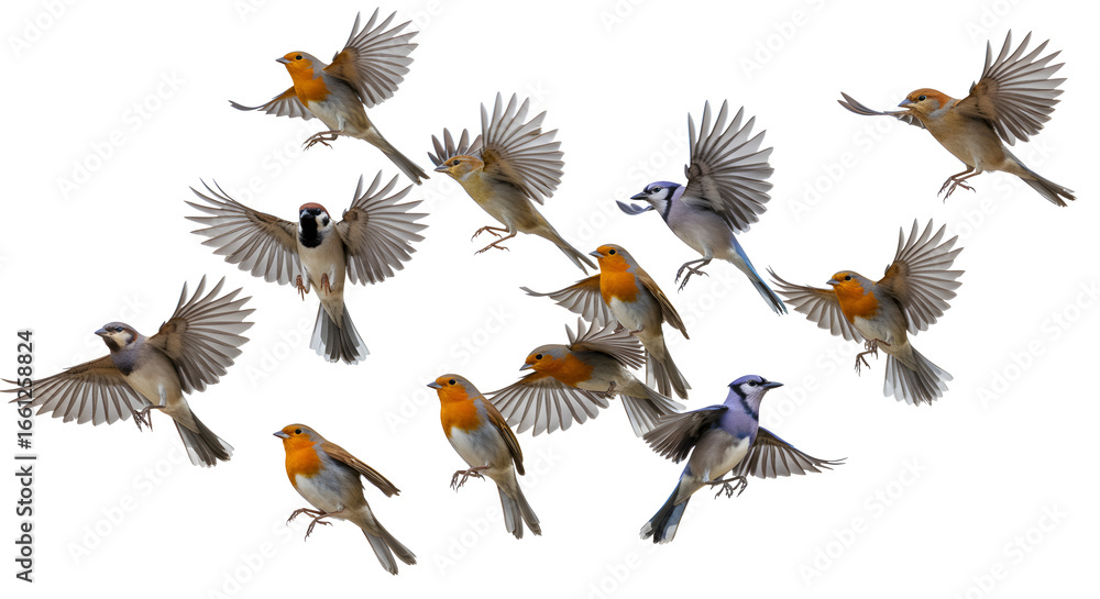 Obraz premium Isolated close view of bird flock on white 