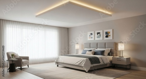 Elegant master suite featuring a modern Simple Ceiling Design for Bedroom with recessed lighting and neutral decor.