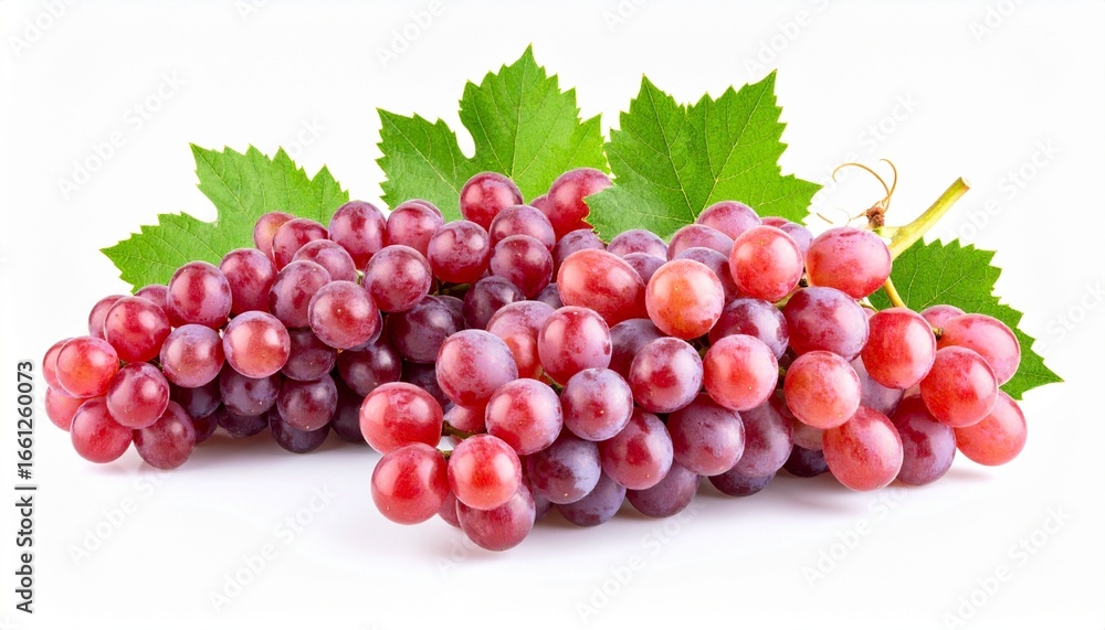 Fototapeta premium Fresh Red Grapes with Green Leaves Isolated on White Background