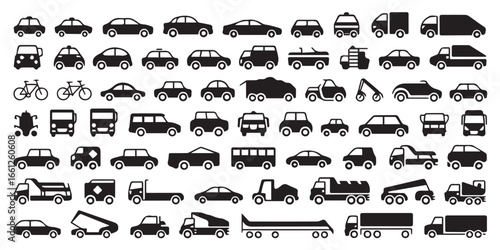 transportation symbol series vector silhouettes for cargo delivery emergency firetrucks construction cranes mixers dumpers and rv