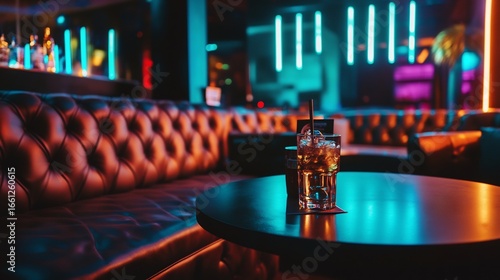 Luxurious VIP table in a trendy nightclub featuring leather sofas reserved signage premium drinks on ice and colorful neon lights creating an exciting exclusive ambiance