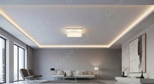 Modern minimalist interior showcasing a Simple Ceiling Design for Bedroom with recessed LED cove lighting on a flat white gypsum surface.