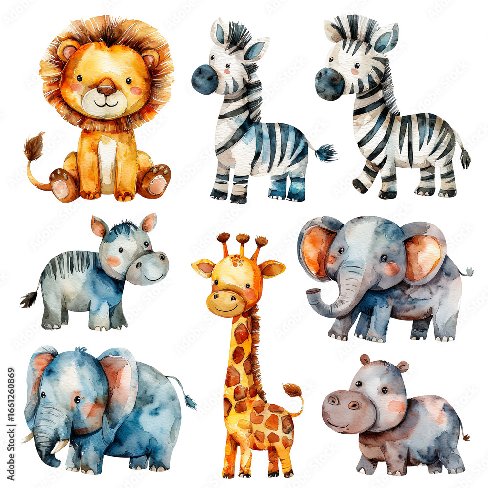 Fototapeta a charming collection of watercolor illustrations depicts adorable baby african animals including lions, zebras, hippos, giraffes, and elephants.