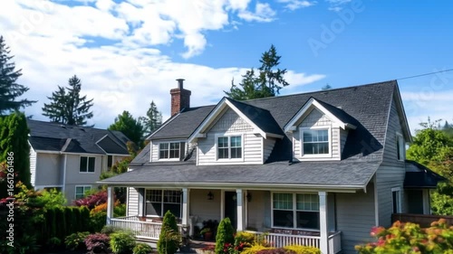 Exterior View of a Two Story Residential House with Gray Walls Asphalt Shingle Roof Lush Green Lawn and Garden Under a Blue Cloudy Sky