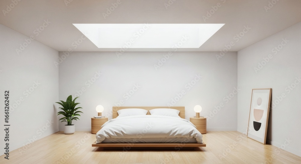 Fototapeta premium Bright and serene minimalist bedroom interior featuring a sophisticated yet simple ceiling design with integrated natural light, offering a tranquil modern escape.