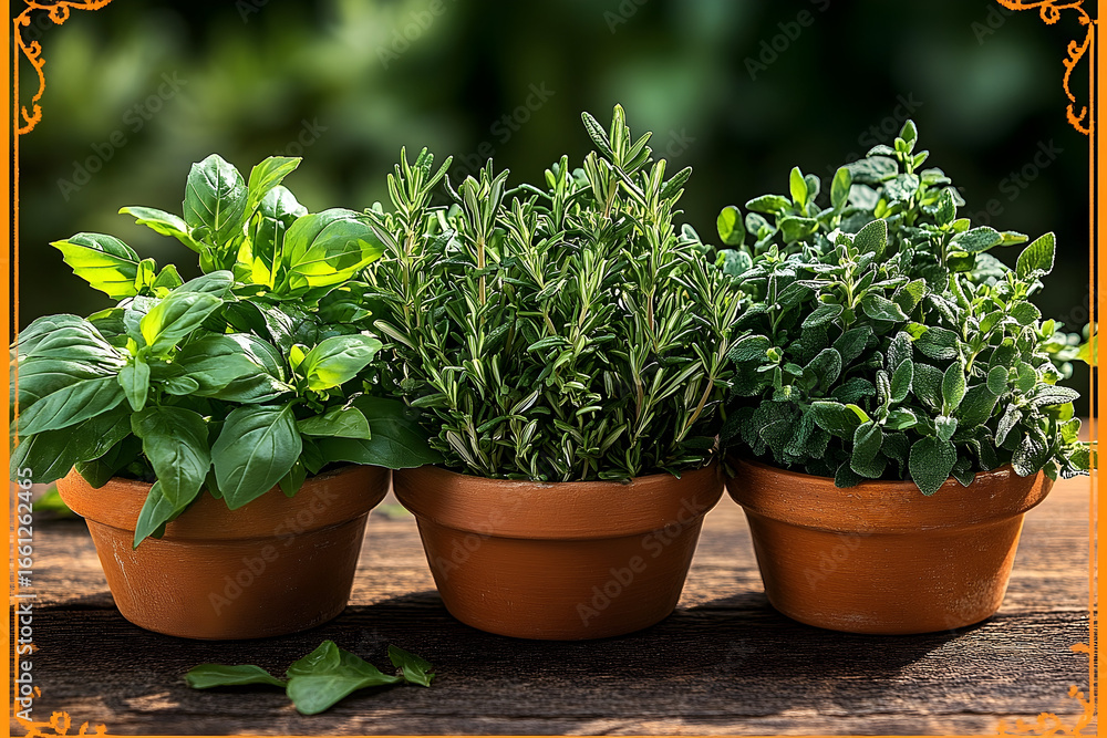 Fototapeta premium Fresh herbs in terracotta pots basil rosemary oregano