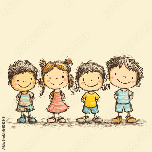 Group of kids,drawing sketch, vector style simple color