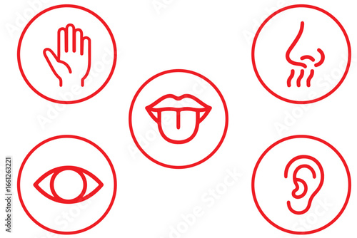 Five human senses editable stroke outline icons set isolated on white background flat vector illustration.