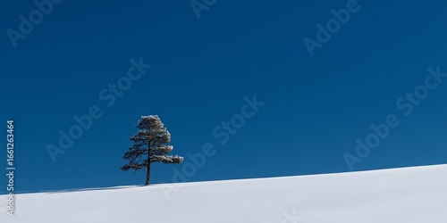 Minimalist winter landscape with a single lone pine tree on a snow-covered hill against clear blue sky, 70% negative space, sharp contrast of white and blue tones