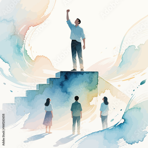 Ascending Success: Figure Triumphant on Steps with Supportive Friends