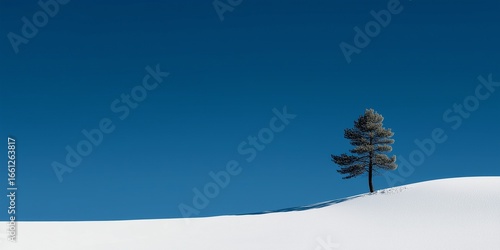 Minimalist winter landscape with a single lone pine tree on a snow-covered hill against clear blue sky, 70% negative space, sharp contrast of white and blue tones