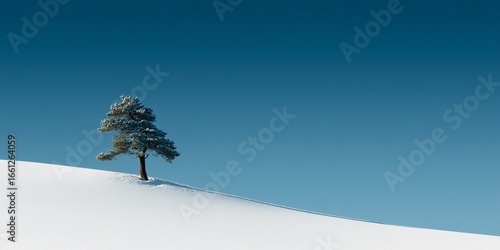 Minimalist winter landscape with a single lone pine tree on a snow-covered hill against clear blue sky, 70% negative space, sharp contrast of white and blue tones