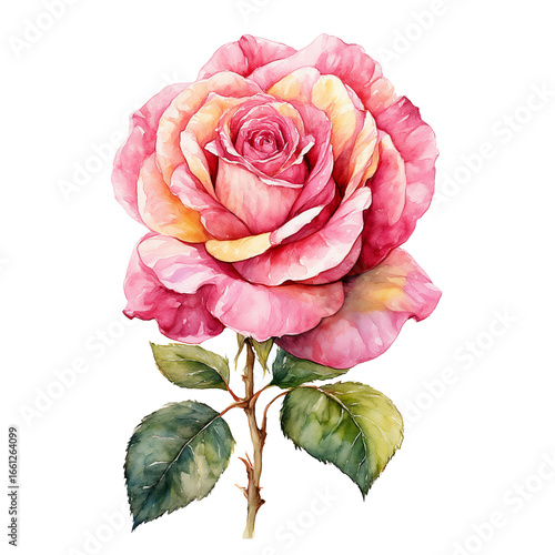 a delicate watercolor painting depicts a fully bloomed pink and peach rose with lush green leaves on a slender stem.