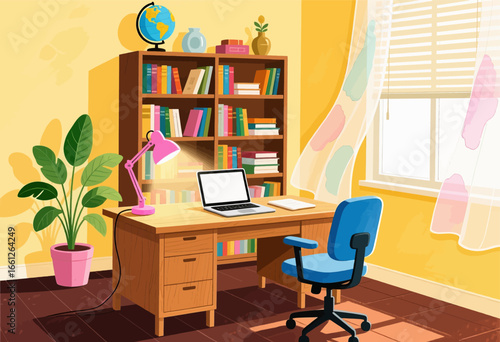 Bright Home Office with Wooden Desk and Blue Chair