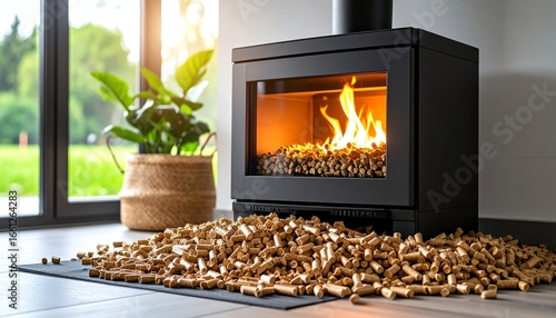 Modern pellet stove cozy corner, burning brightly with wood logs and pellets for sustainable, efficient home heating in a stylish interior setting.