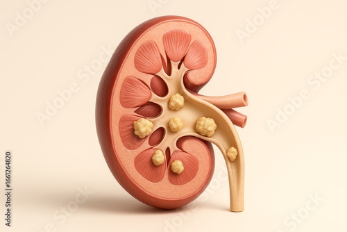 3D render of human kidney with cutaway view showing renal pelvis. Multiple yellow-white crystalline kidney stones are clearly visible in calyces and pelvis, detailed anatomical realism of urolithiasis