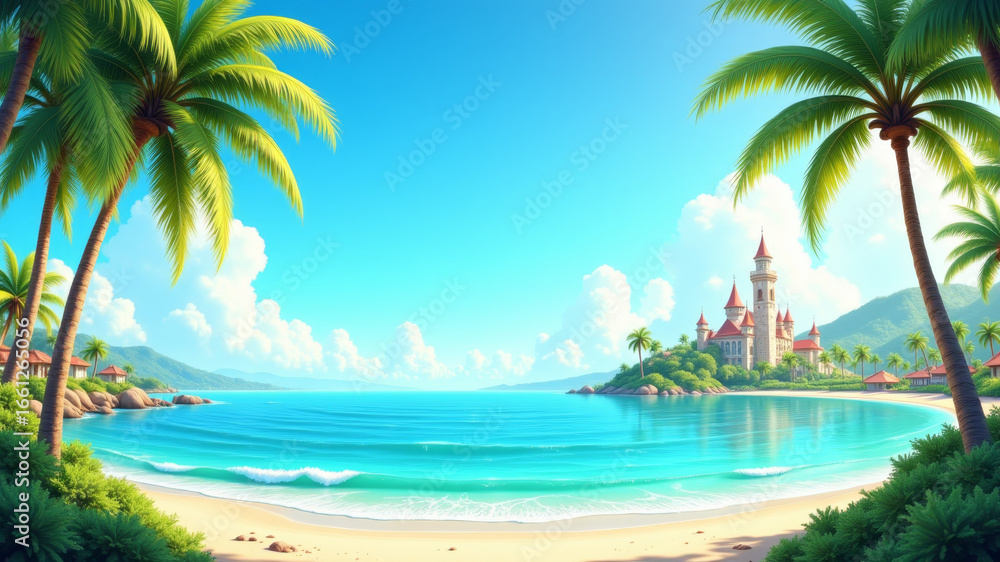 Fototapeta premium Island with castle and palm trees surrounded by turquoise water in sunny fairytale paradise