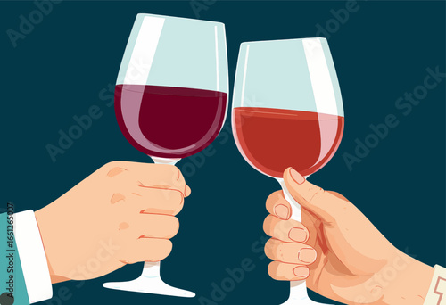 Celebratory Wine Toast, Cheers with Red Wine, Dark Background