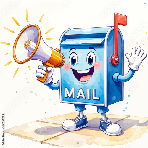 Cheerful Mailbox Mascot Announcing with Megaphone