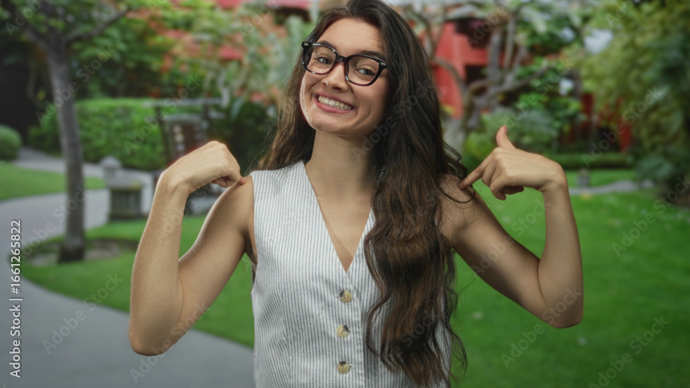 Naklejka premium Woman with hands points thumbs to chest in forest; confidence.
