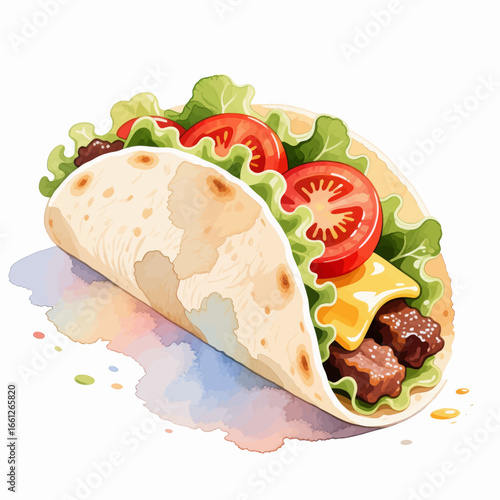 Colorful Burrito with Fresh Lettuce, Tomatoes, and Cheese on Tortilla