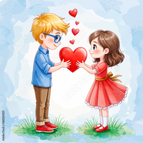 Children Sharing Hearts in a Playful Garden