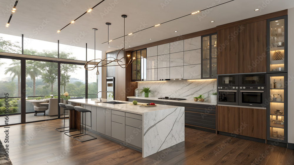 Obraz premium A modern kitchen with large island, wood floors, and floor to ceiling window