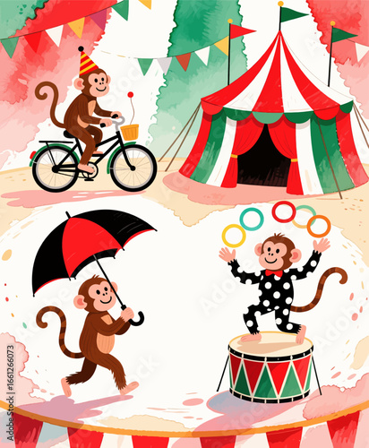 Circus Monkeys Performing Joyful Acts under Colorful Tents