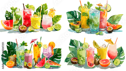 Bright tropical cocktails with citrus, mint, and ice set against lush monstera leaves. Refreshing summer drink collection for tiki menus, beach parties, and resort branding.