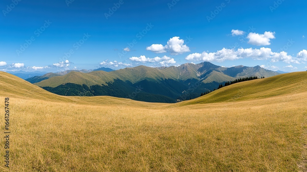 Fototapeta premium A panoramic view of rolling hills under a bright blue sky, dotted with fluffy clouds, This serene landscape is perfect for nature-themed projects, travel promotions, or wellness content,
