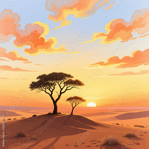 Desert Sunset with Acacia Trees and Golden Skies