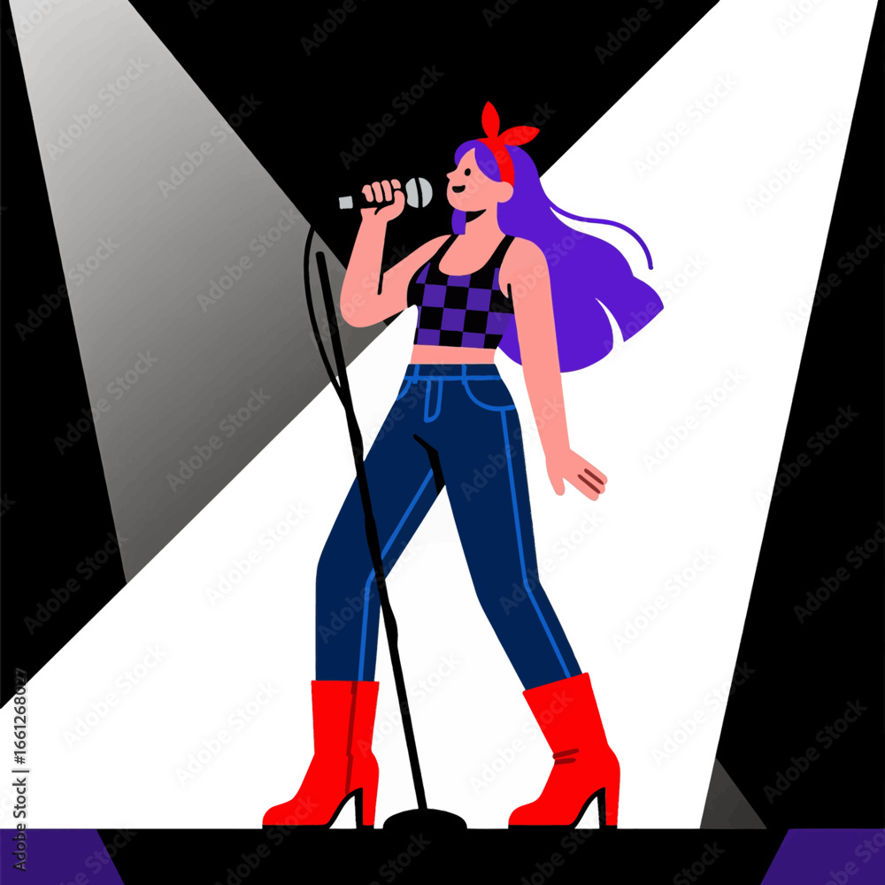 Obraz premium Dynamic Singer in Spotlight with Purple Hair and Red Boots