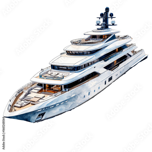 a detailed illustration depicts a large, modern luxury yacht with multiple decks, expansive sunbathing areas, and a tall mast equipped with antennas and navigational equipment.