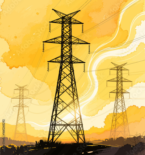 Electric Towers at Sunset with Swirling Clouds