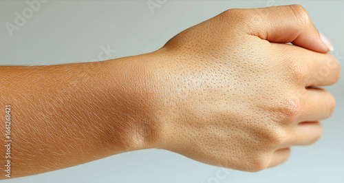 A close-up view of a human hand in a fist position, showcasing skin texture, pores and tone against a neutral background.