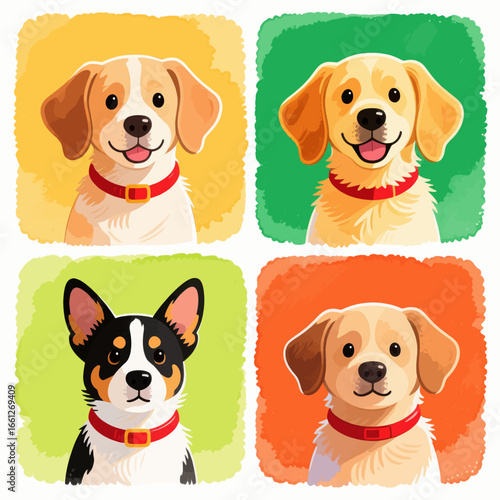 Four Joyful Puppies in Vibrant Colors with Red Collars