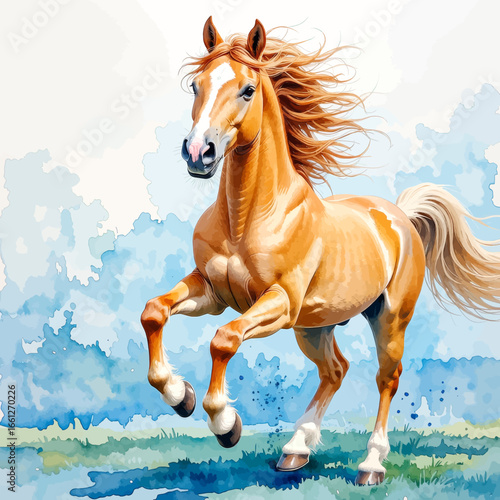 Galloping Palomino Horse in Windy Meadow
